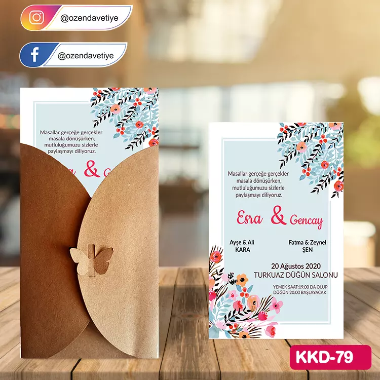 ozen-davetiye-Düğün Davetiyesi - Kelebekli Kraft Zarflı Davetiye Model No:79